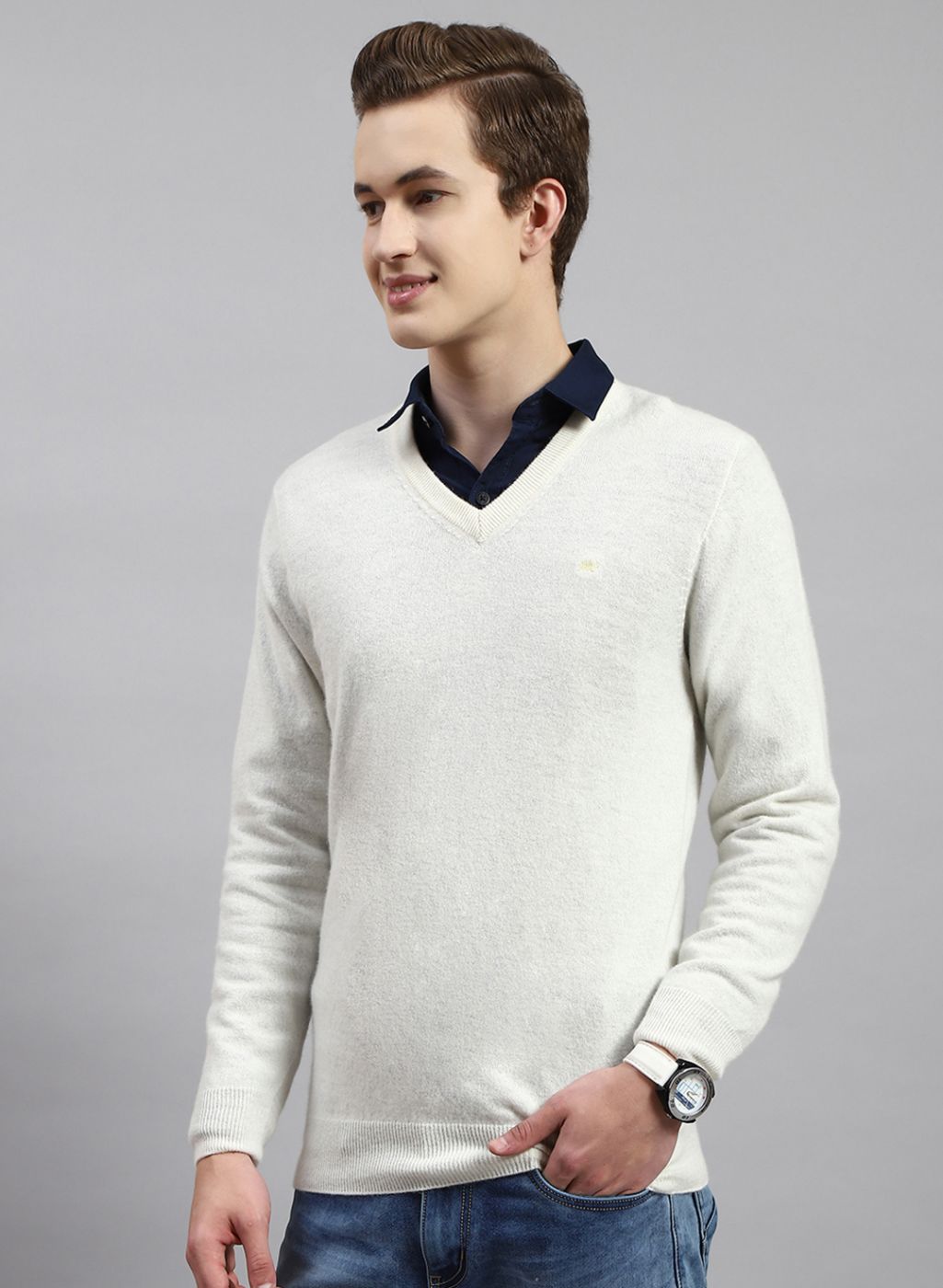 Men Off White Solid Lamb wool Pullover
