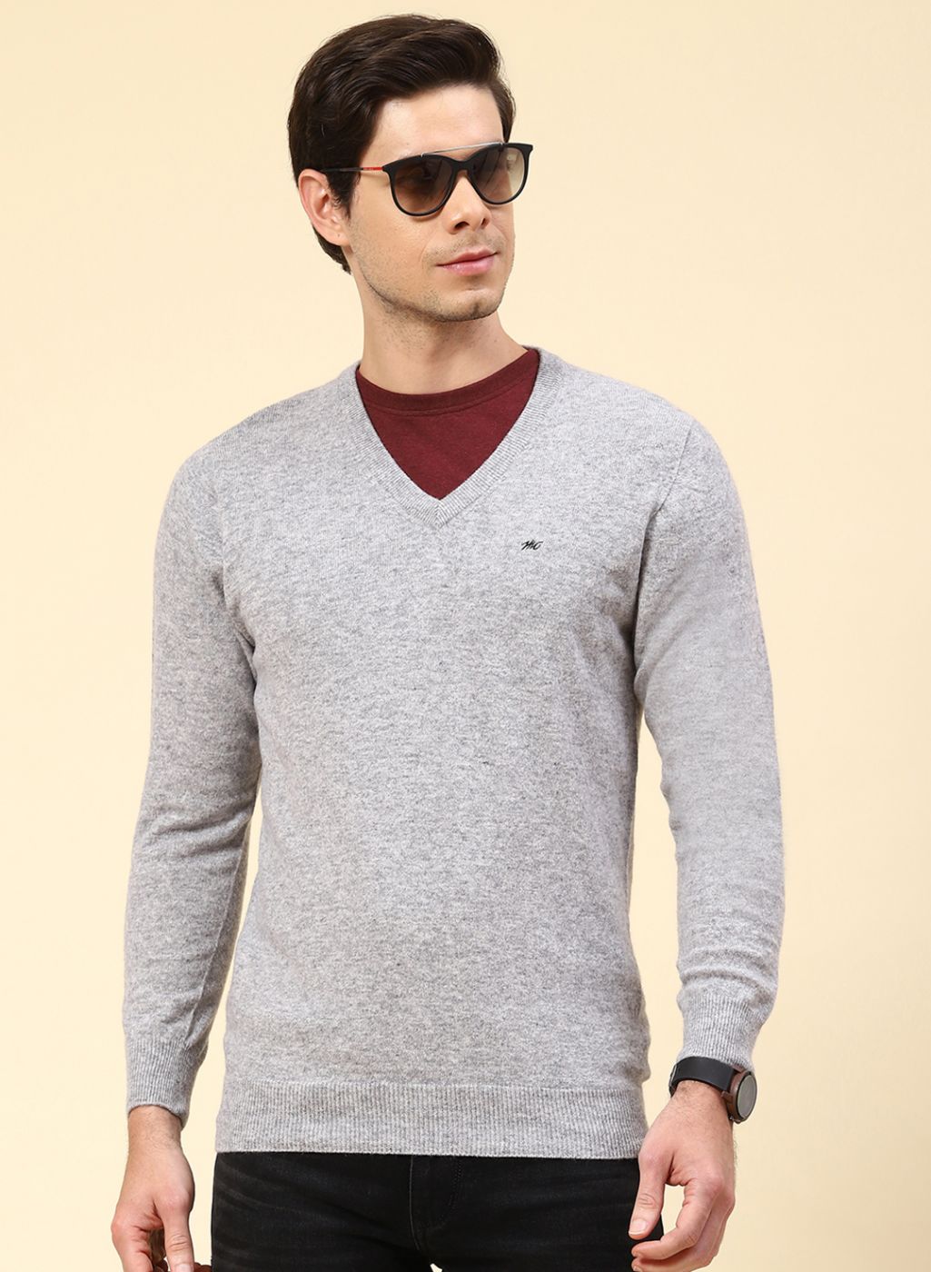 Men Grey Solid Lamb wool Pullover