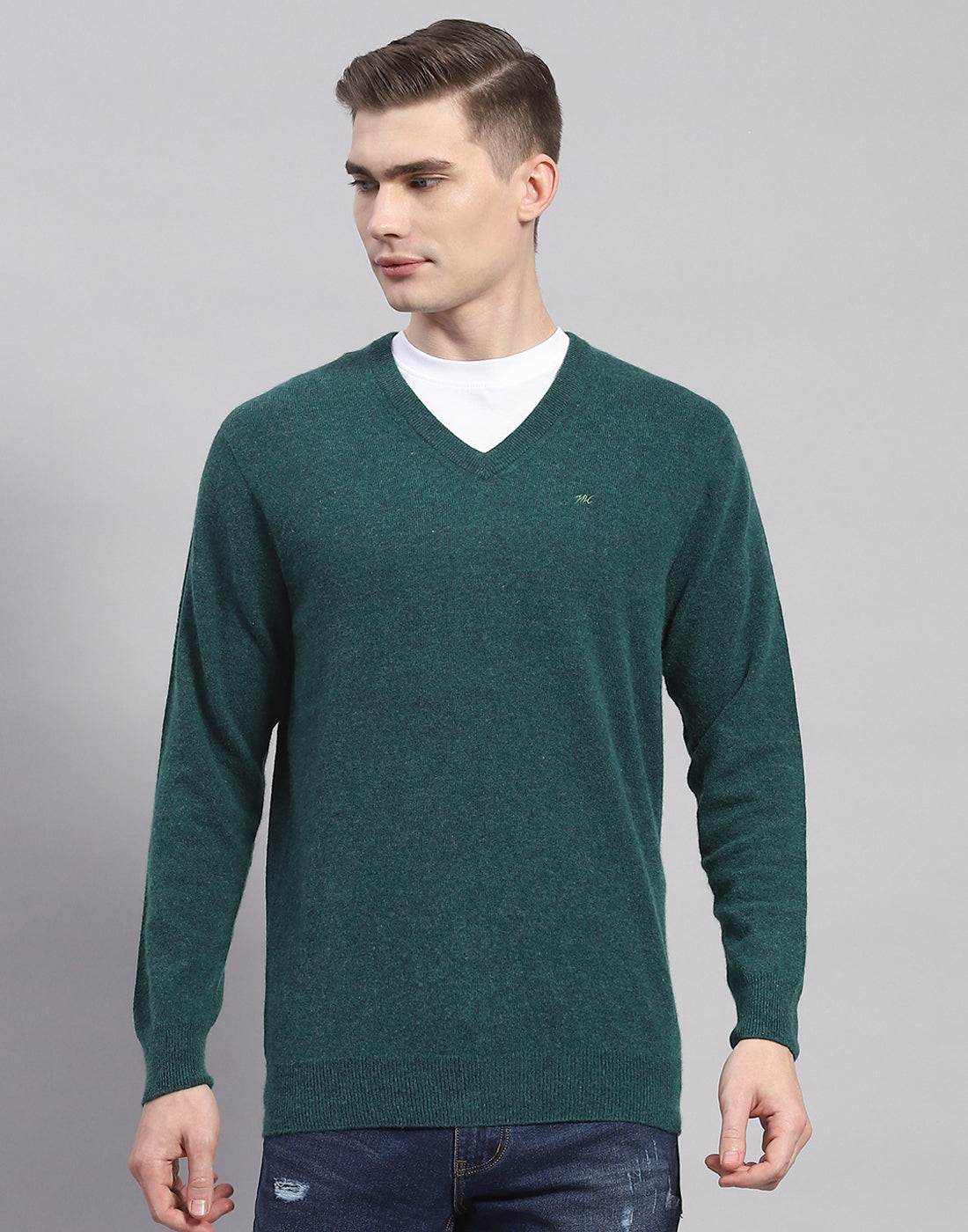 Men Teal Blue Solid V Neck Full Sleeve Pullover