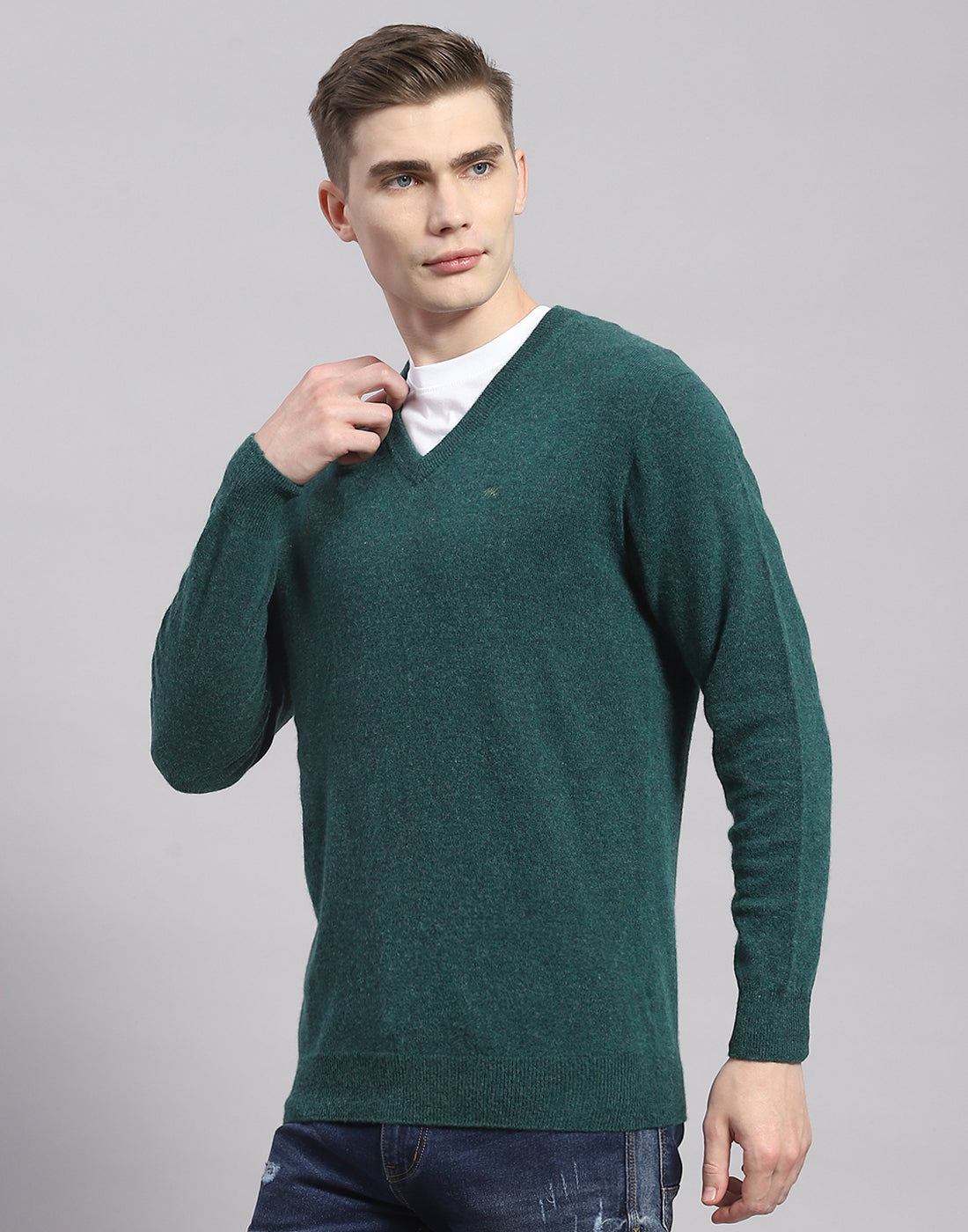 Men Teal Blue Solid V Neck Full Sleeve Pullover