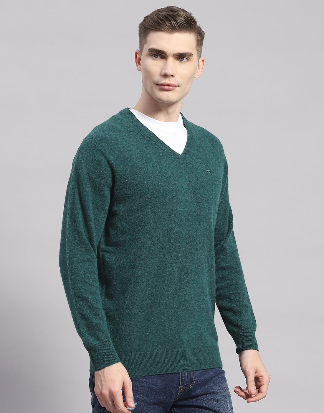 Men Teal Blue Solid V Neck Full Sleeve Pullover