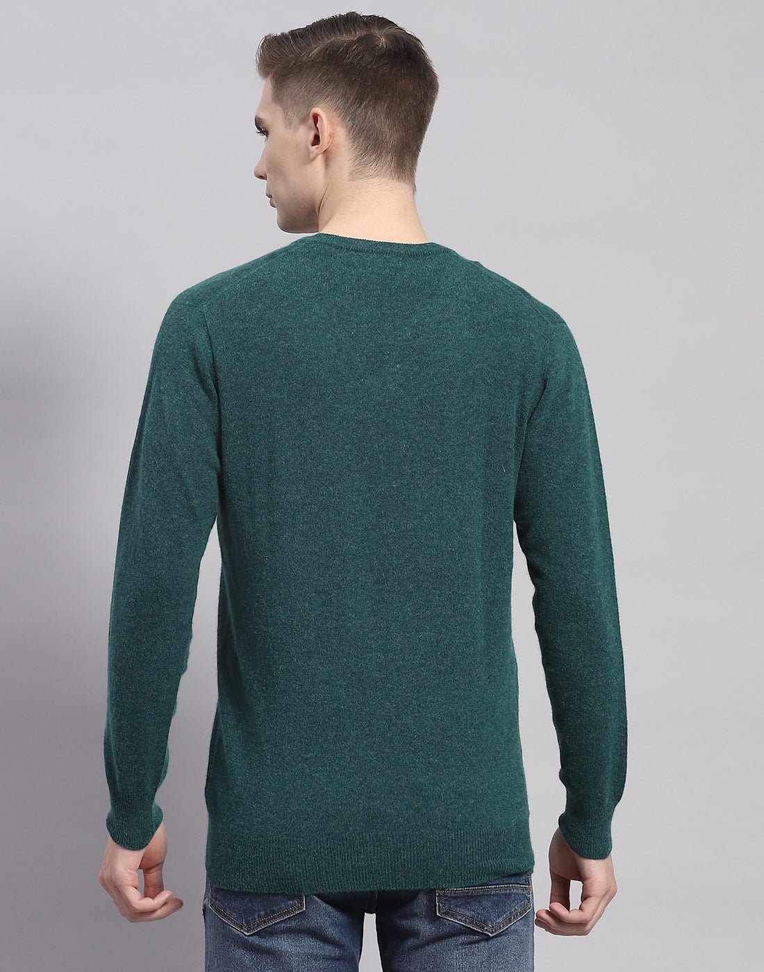 Men Teal Blue Solid V Neck Full Sleeve Pullover