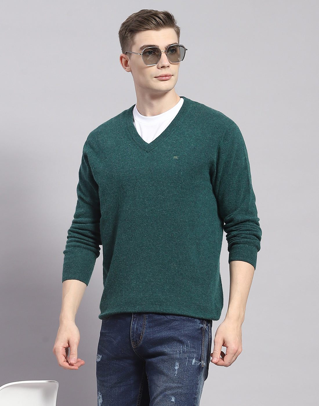 Men Teal Blue Solid V Neck Full Sleeve Pullover
