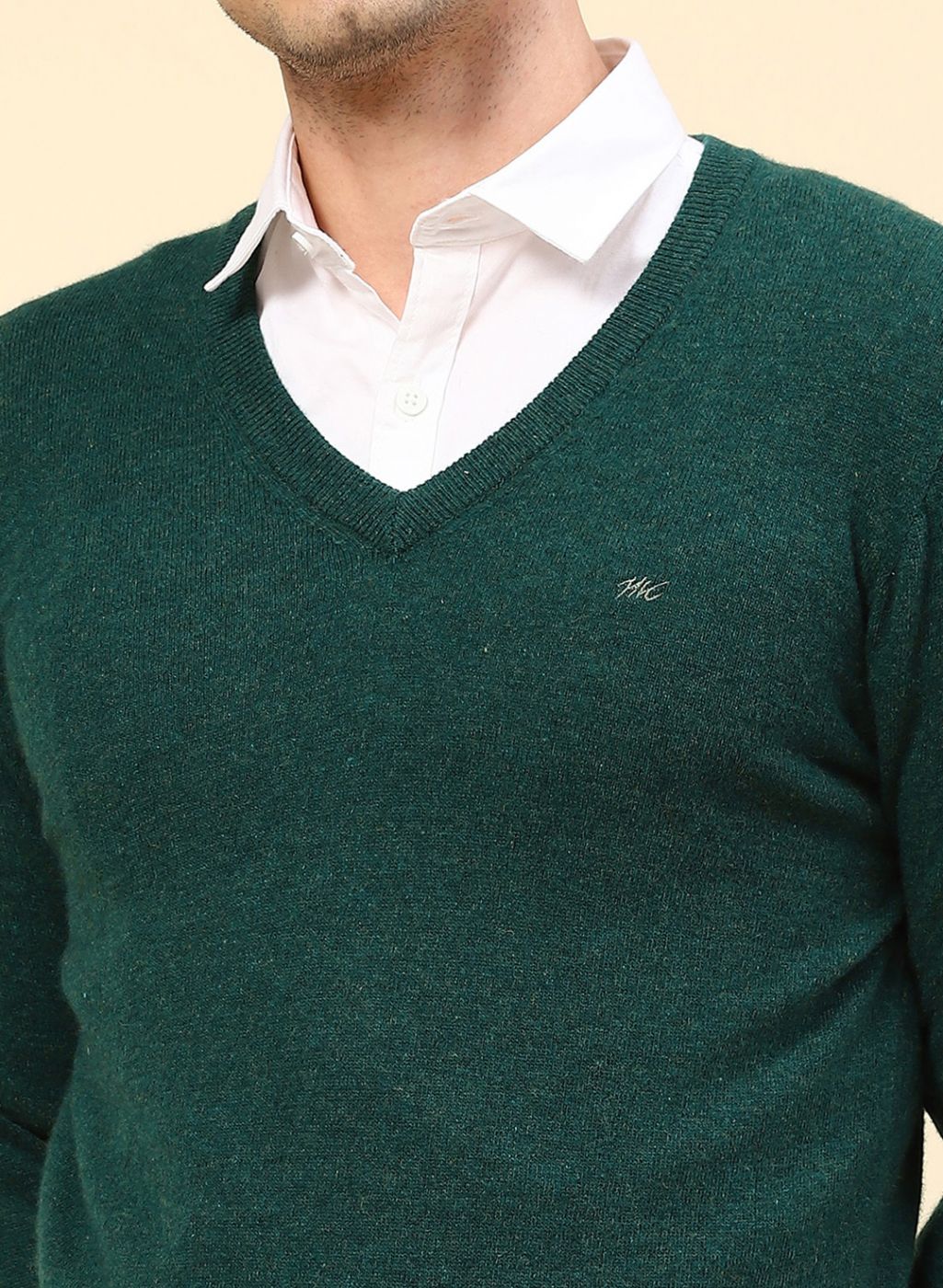 Men Green Solid Lamb wool Pullover