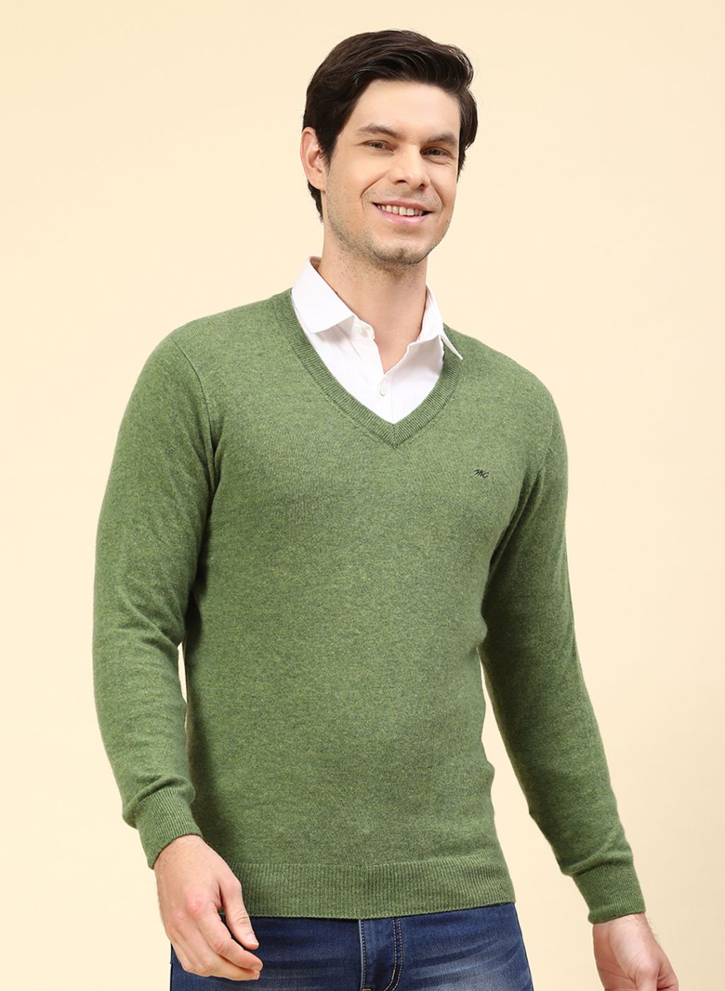 Men Green Solid Lamb wool Pullover