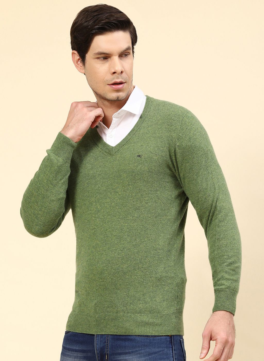 Men Green Solid Lamb wool Pullover
