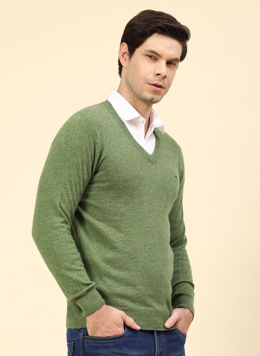 Men Green Solid Lamb wool Pullover