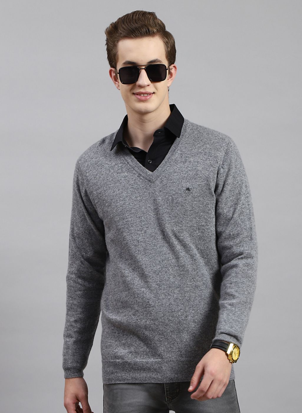 Men Grey Solid Lamb wool Pullover