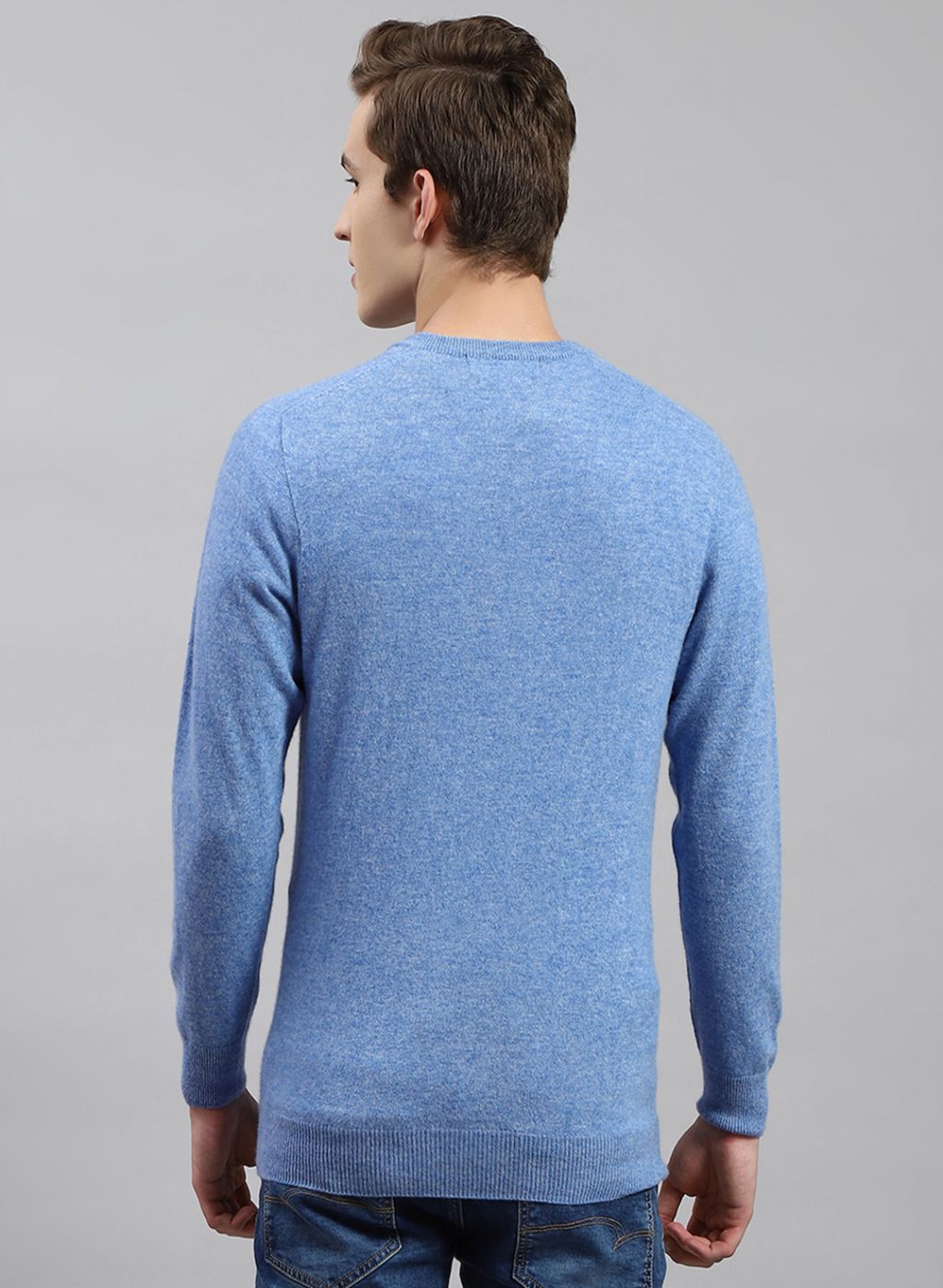 Men Sky Blue Solid Lamb wool Pullover