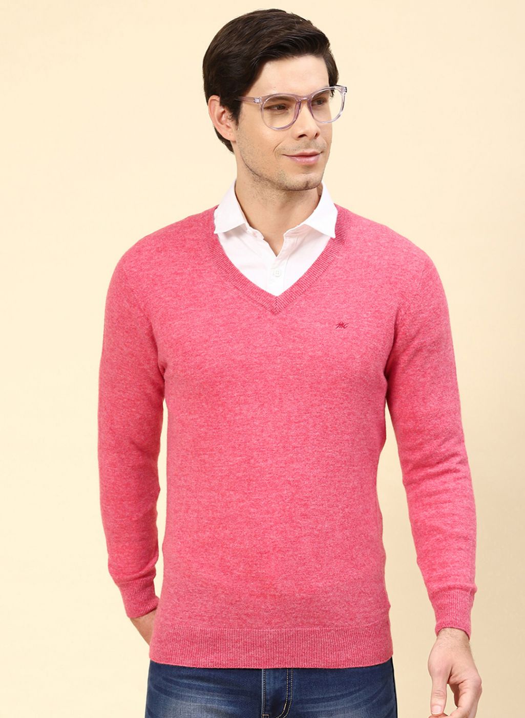 Men Pink Solid Lamb wool Pullover
