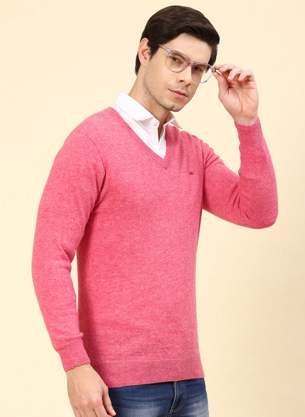 Men Pink Solid Lamb wool Pullover