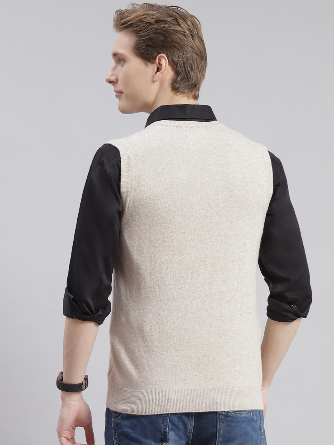 Men Beige Solid V Neck Sleeveless Sweaters/Pullovers