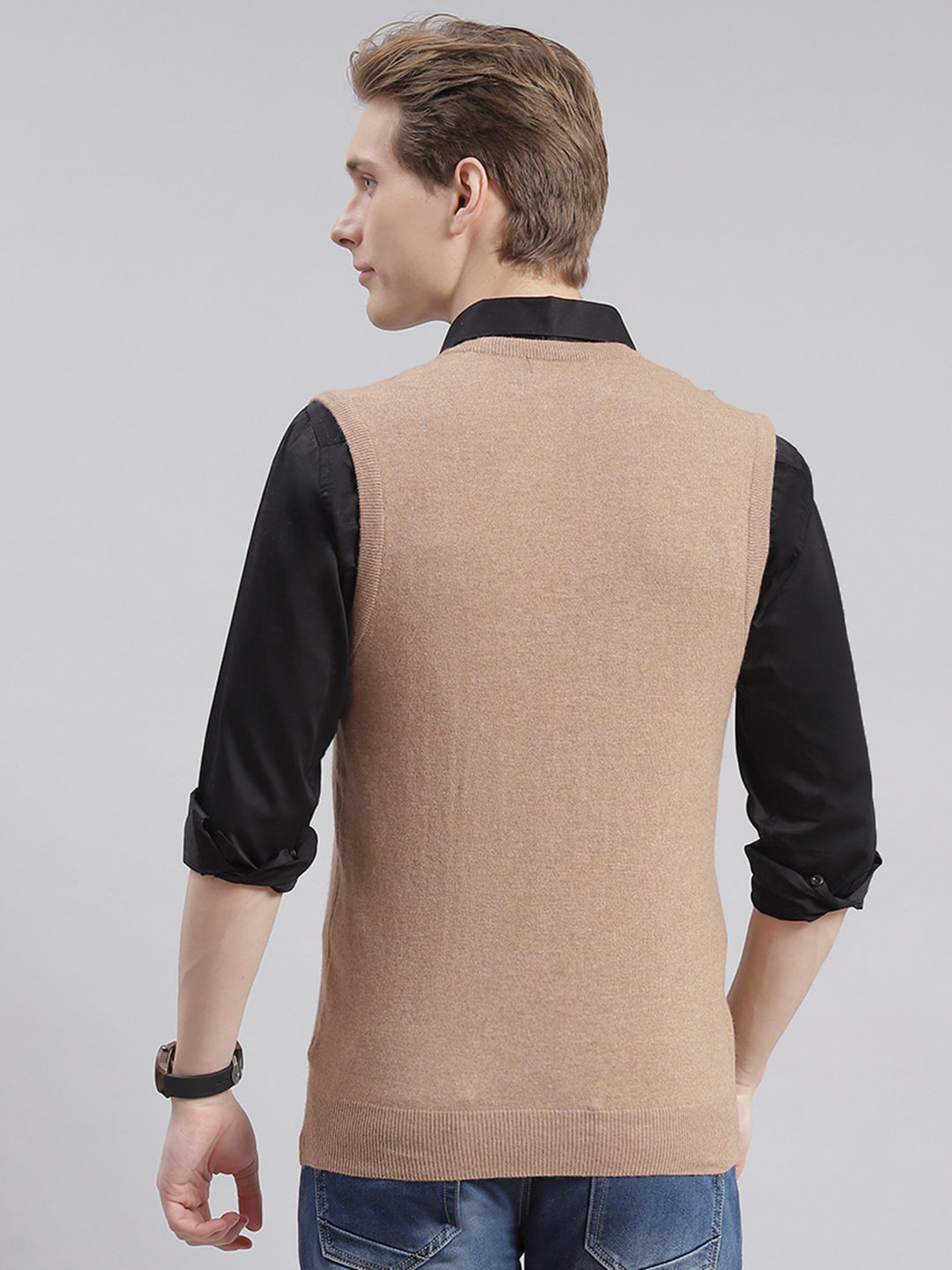 Men Brown Solid V Neck Sleeveless Sweaters/Pullovers