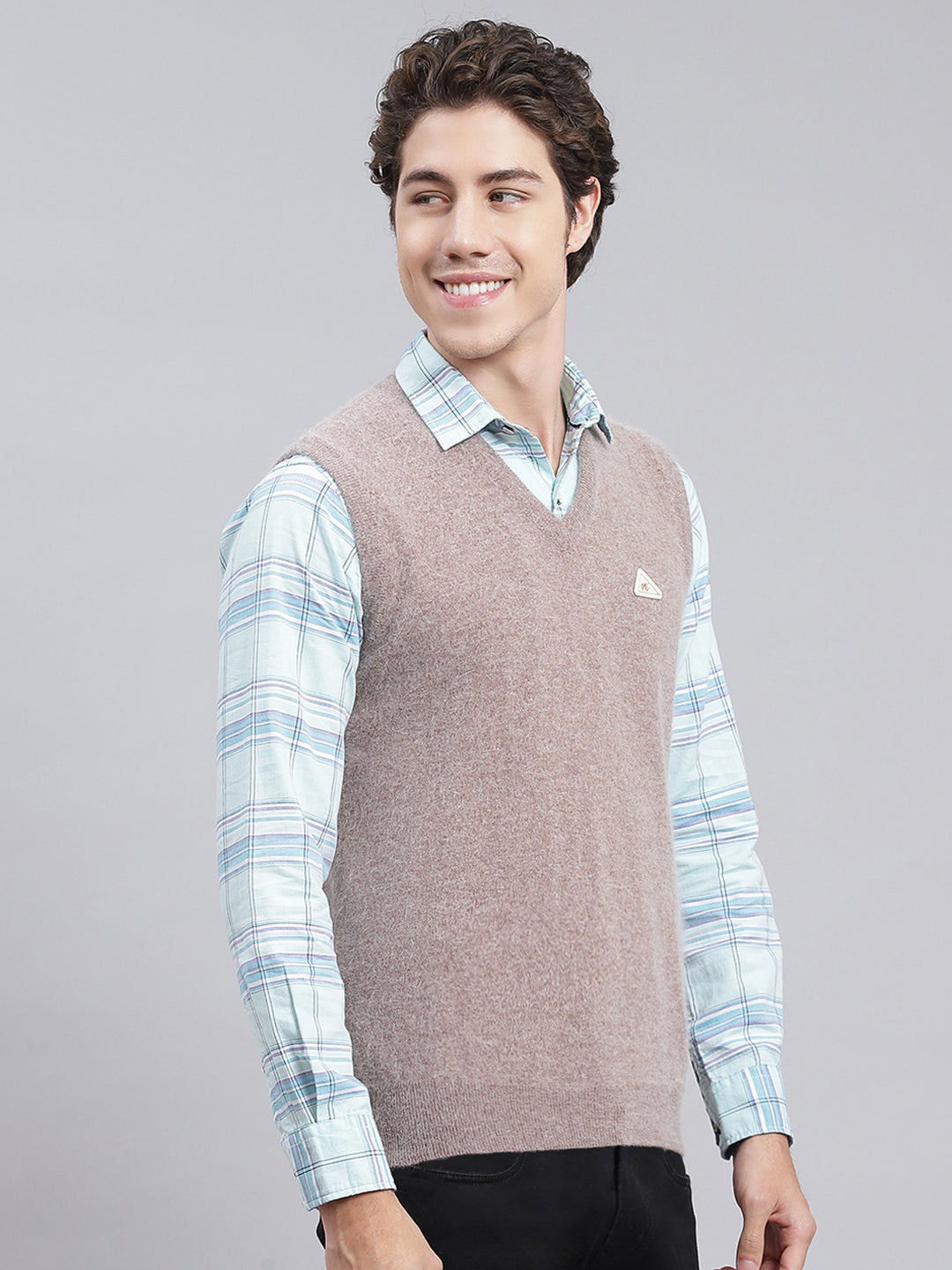 Men Beige Solid Angoora Sweater