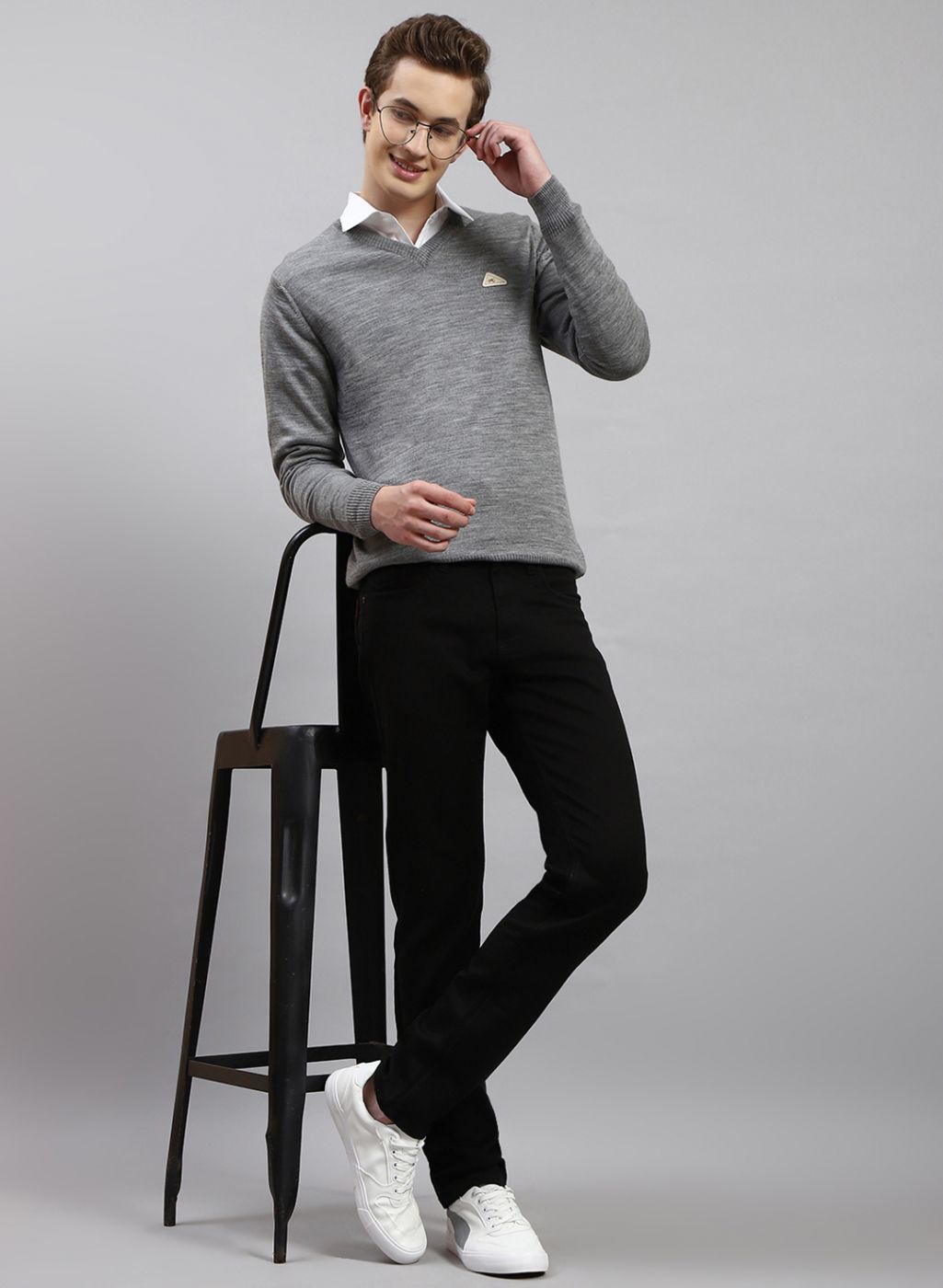 Men Grey Solid Wool blend Pullover