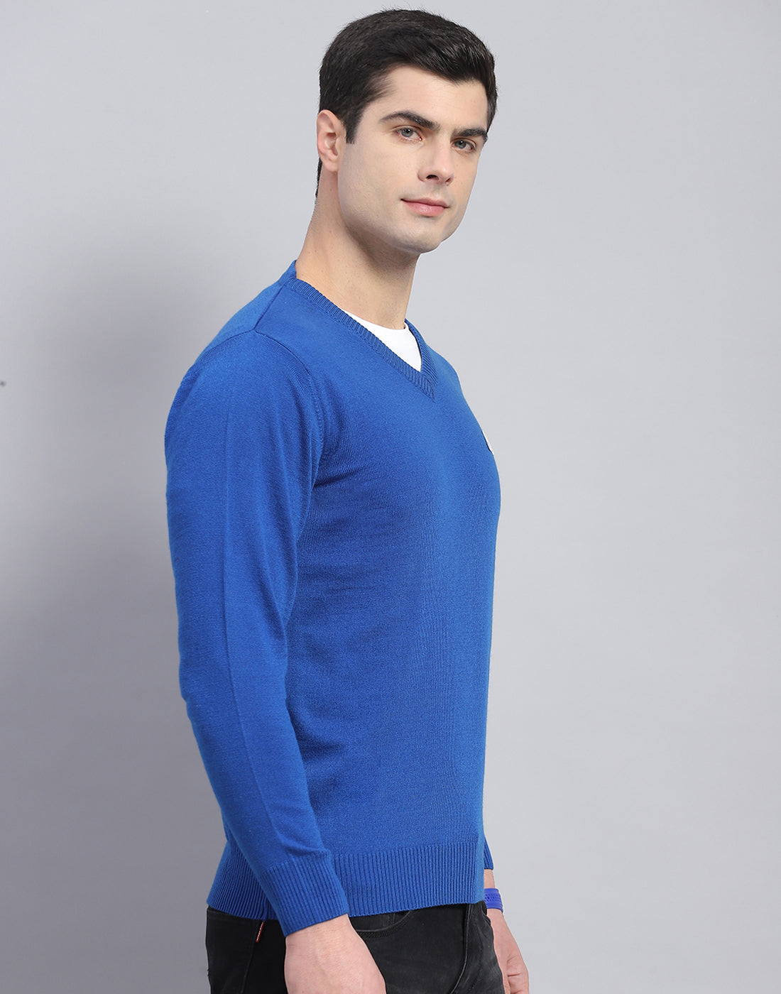 Men Blue Solid V Neck Full Sleeve Pullover