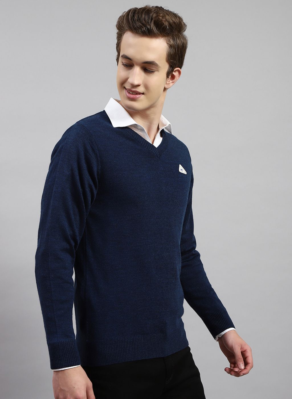 Men NAvy Blue Solid Wool blend Pullover