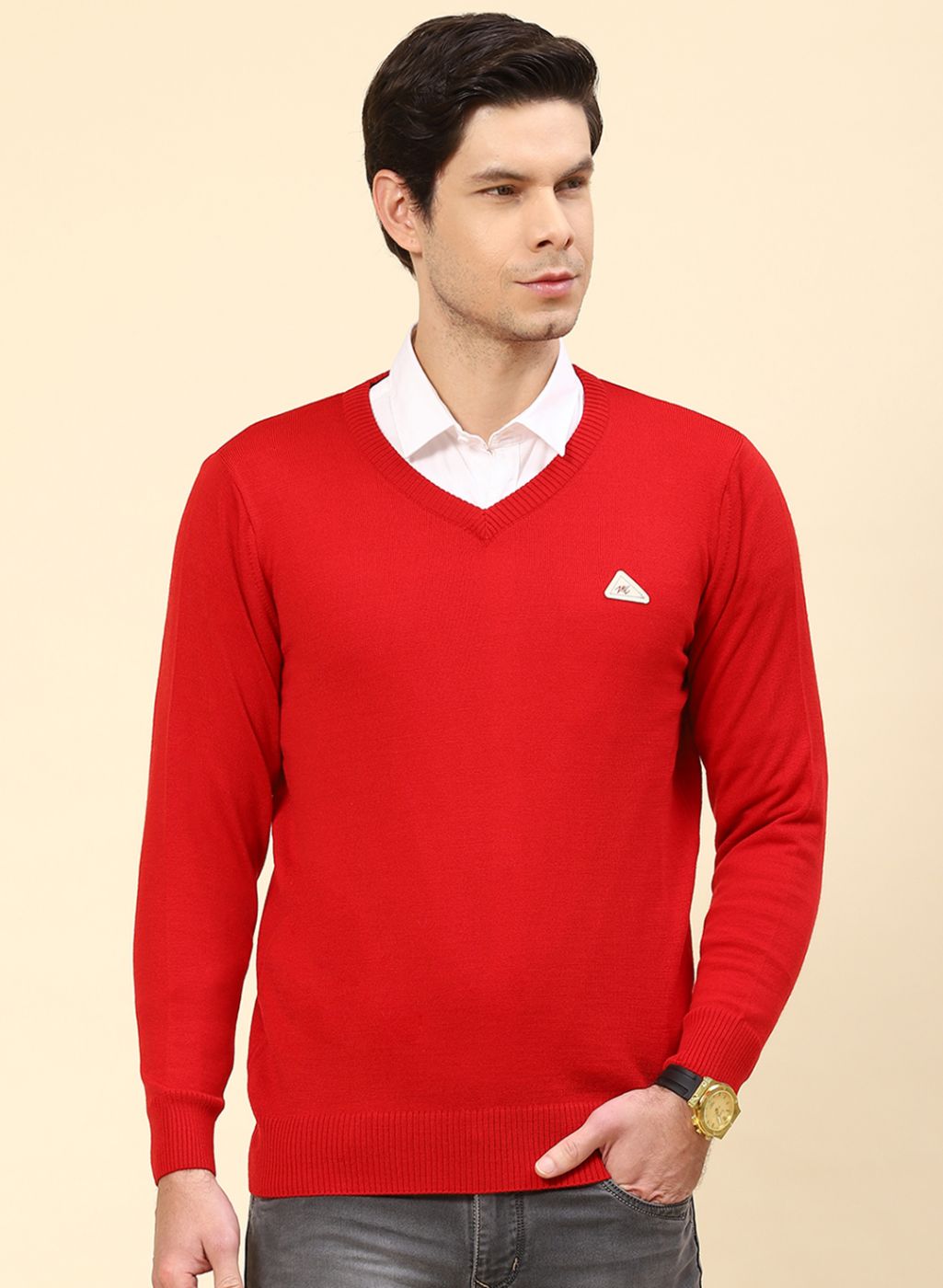 Men Red Solid Wool blend Pullover