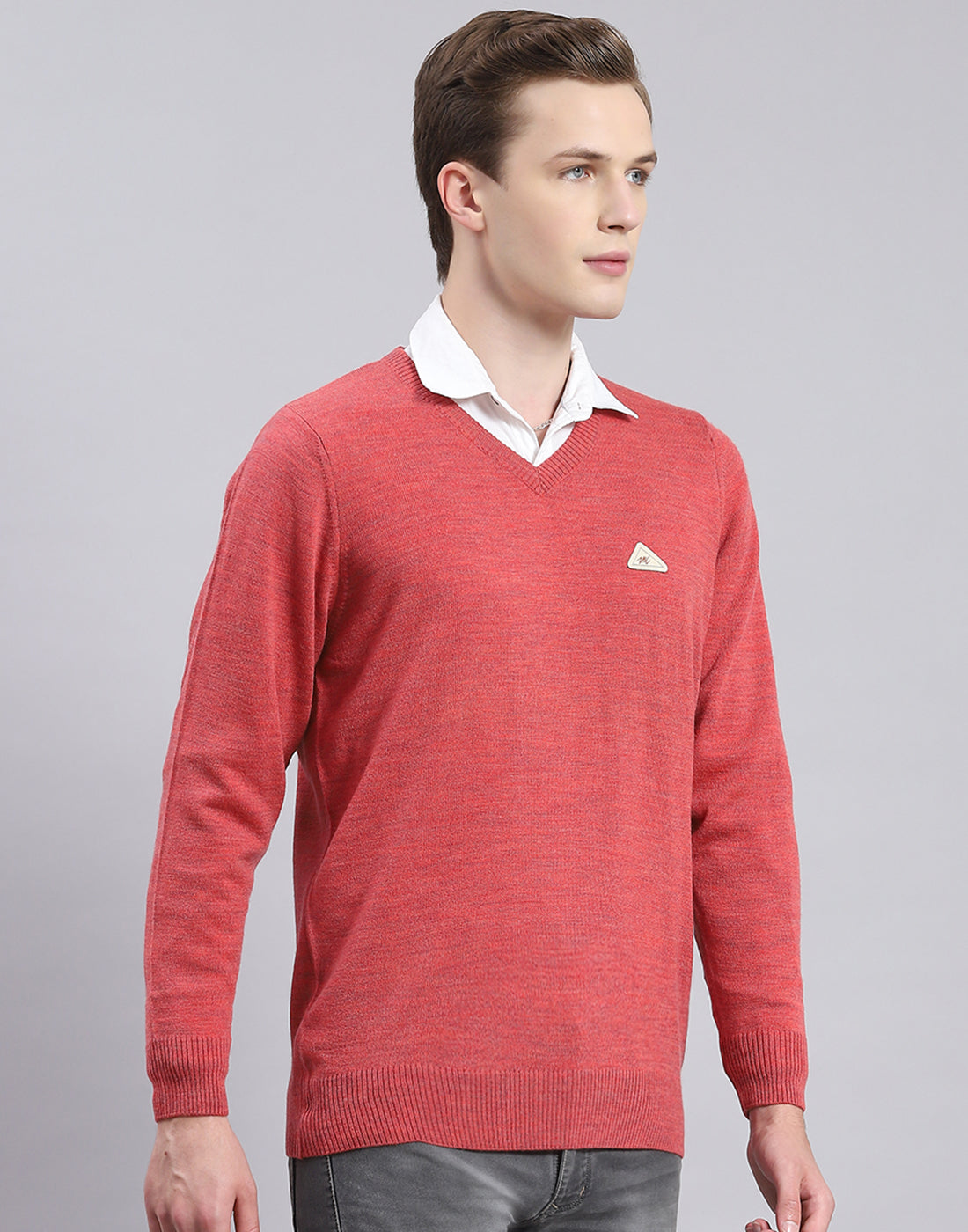Men Red Solid V Neck Full Sleeve Sweater