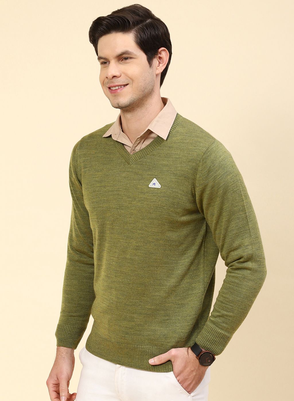 Men Olive Solid Wool blend Pullover