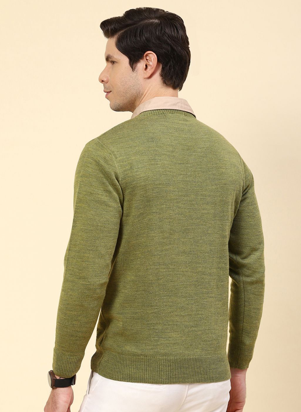 Men Olive Solid Wool blend Pullover