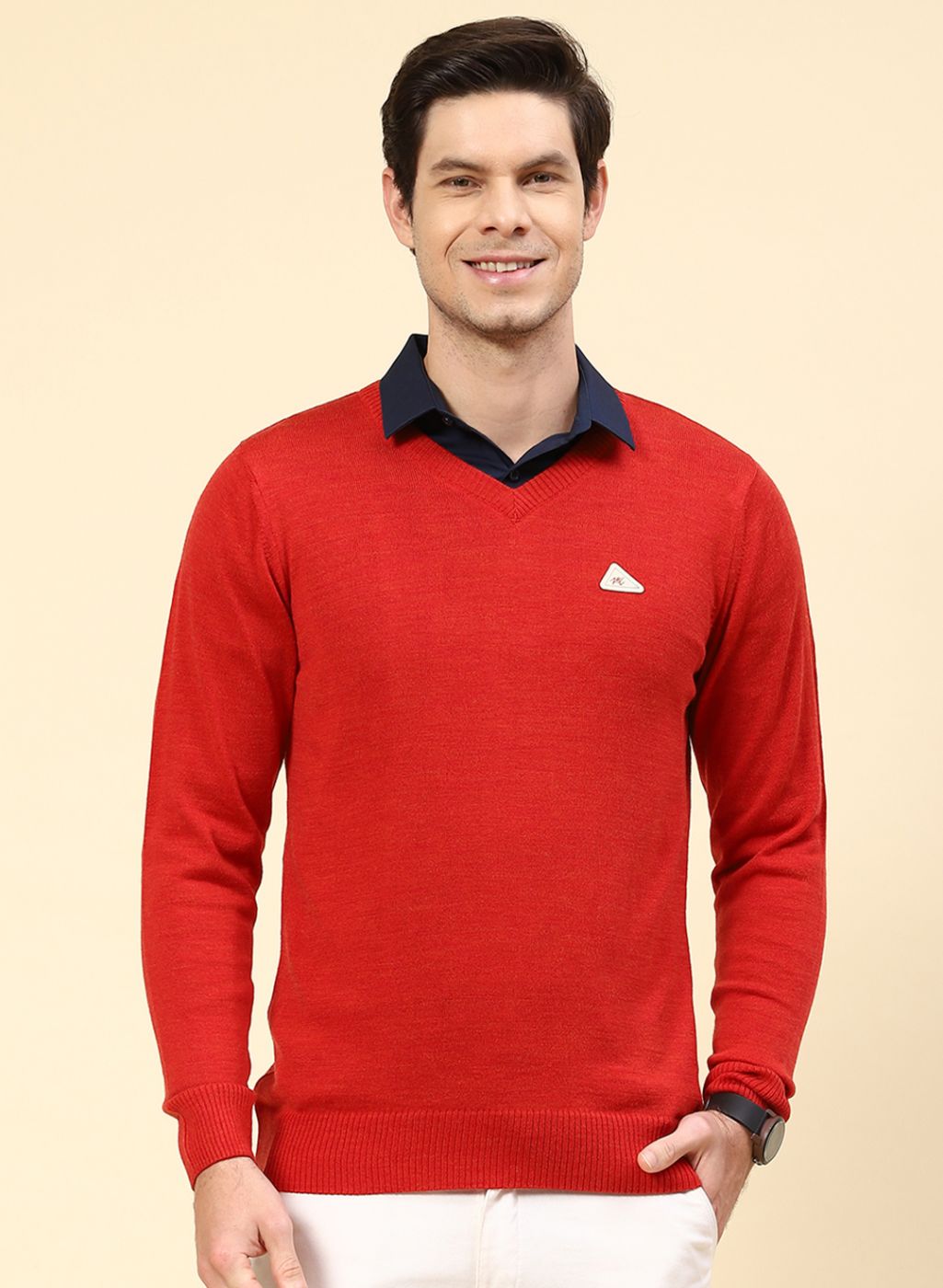 Men Red Solid Wool blend Pullover