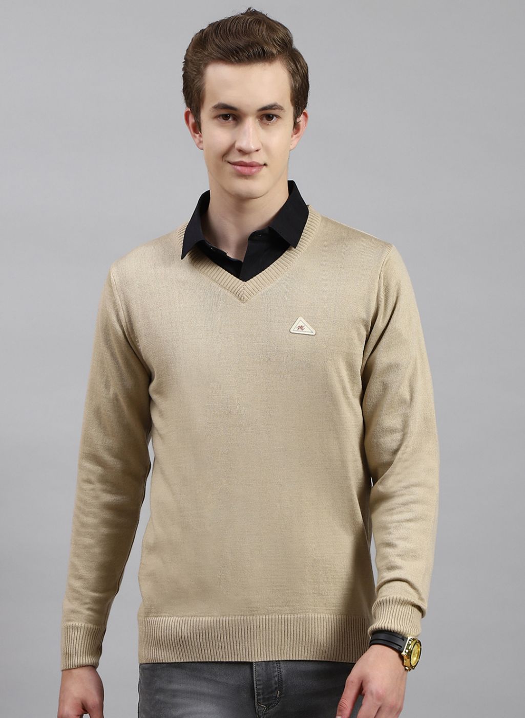 Men Beige Solid Wool blend Pullover