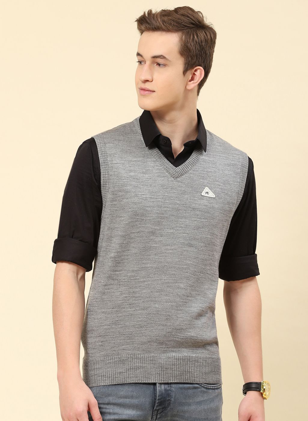 Men Grey Solid Blend wool Sweater