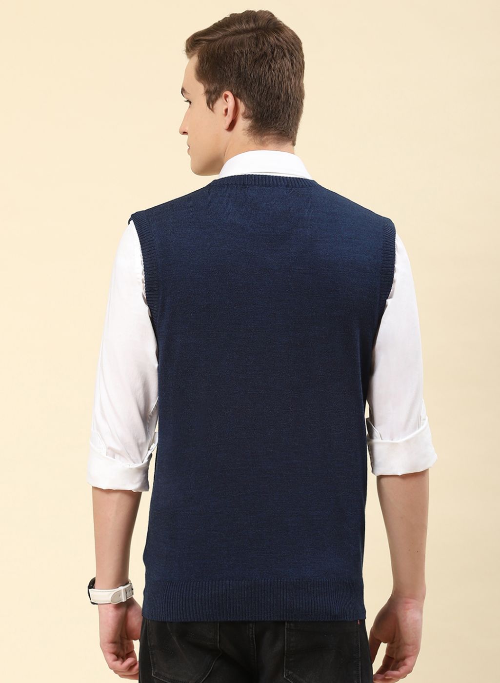 Men NAvy Blue Solid Blend wool Sweater