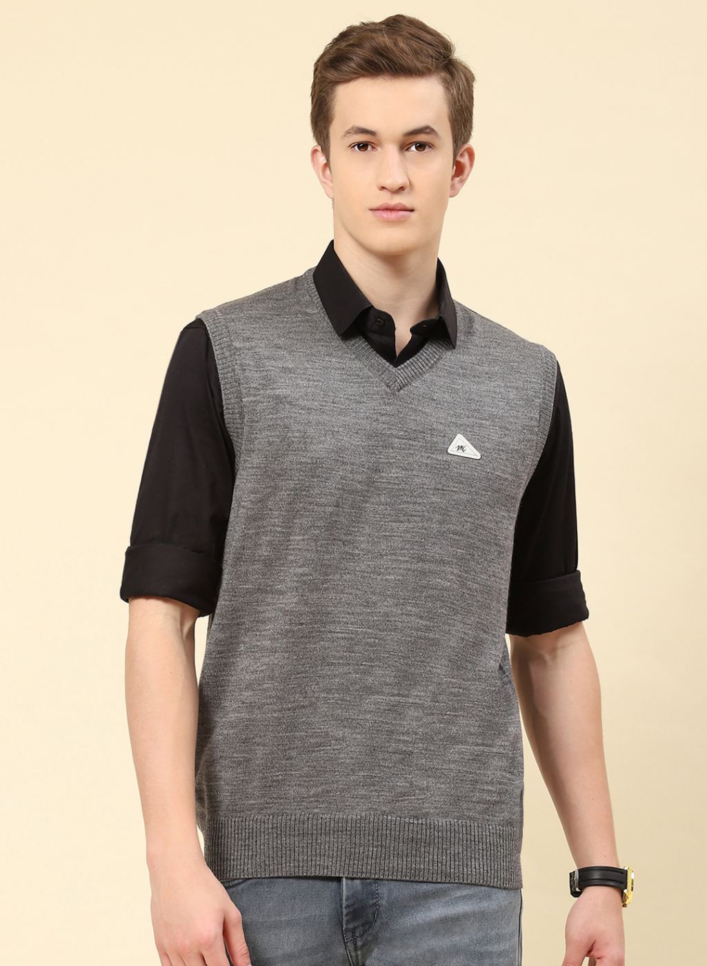 Men Grey Solid Blend wool Sweater