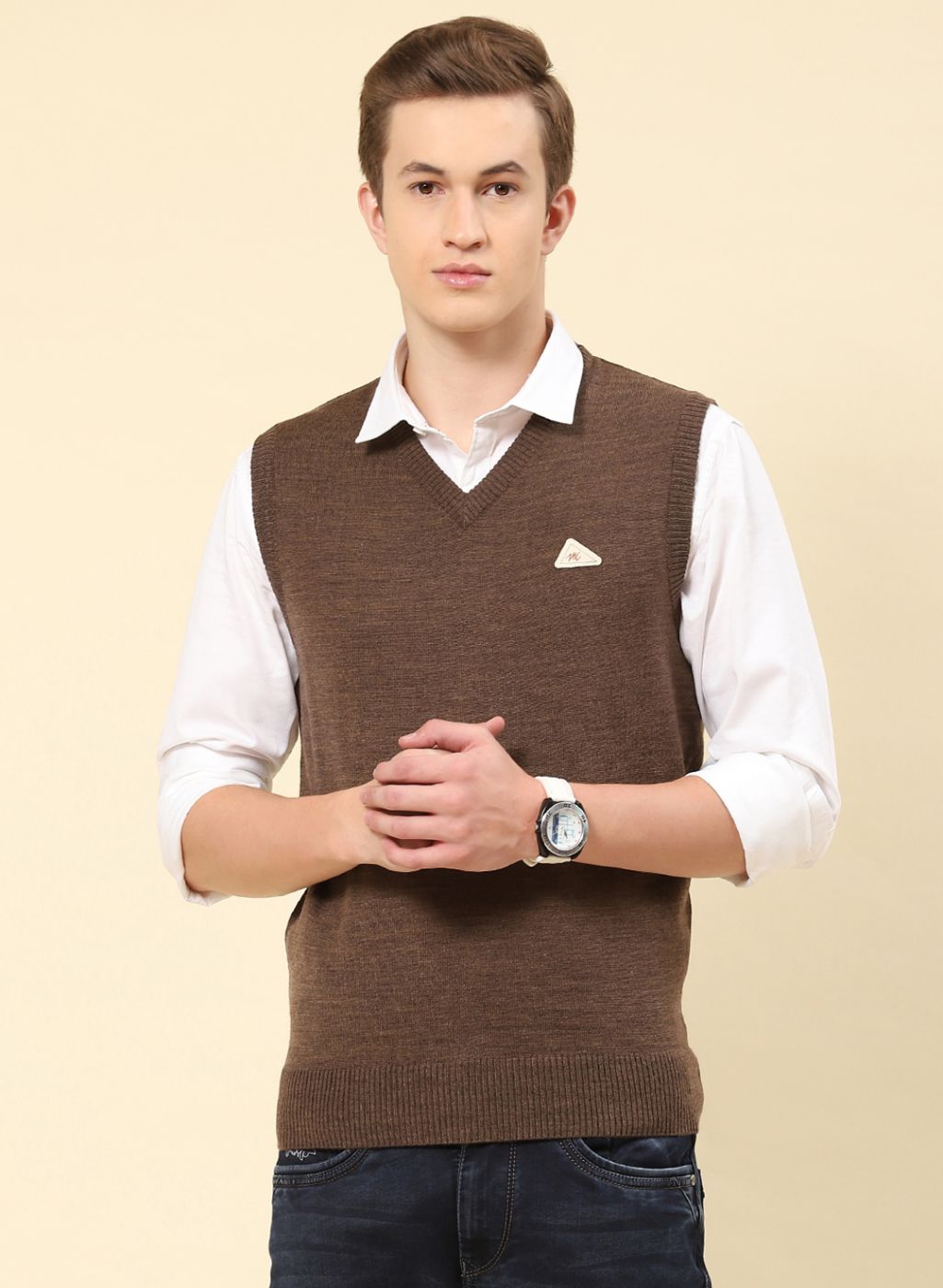 Men Brown Solid Blend wool Sweater