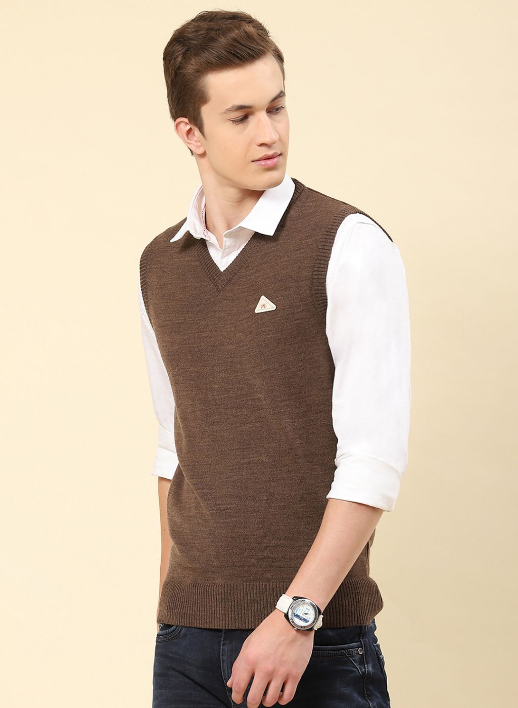 Men Brown Solid Blend wool Sweater