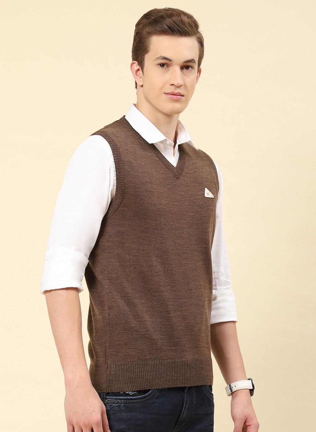 Men Brown Solid Blend wool Sweater