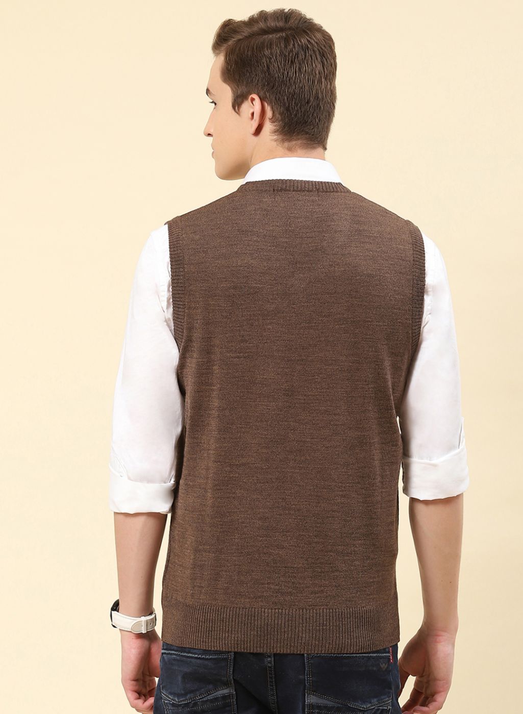 Men Brown Solid Blend wool Sweater