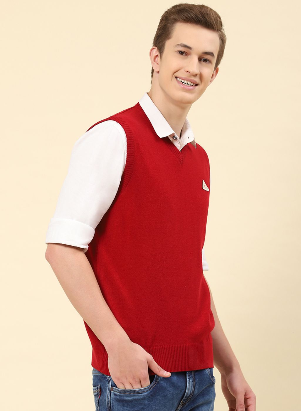 Men Red Solid Blend wool Sweater