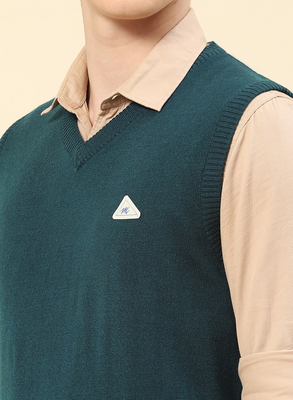 Men Teal Blue Solid Blend wool Sweater