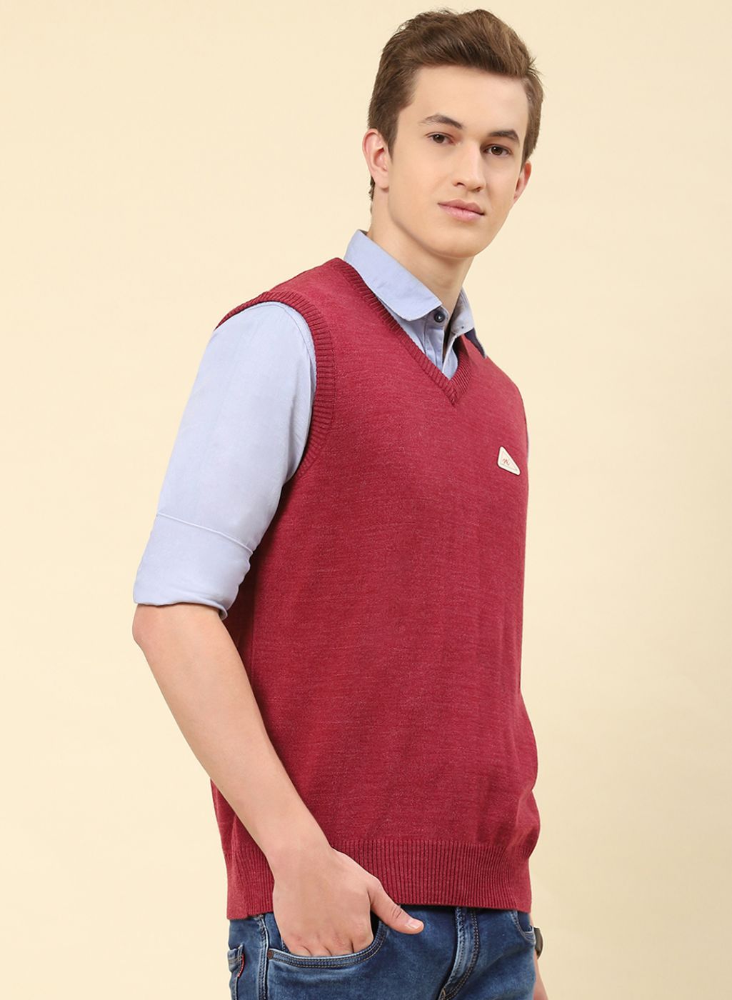 Men Dark Pink Solid Blend wool Sweater