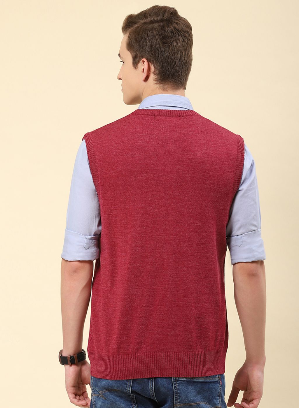 Men Dark Pink Solid Blend wool Sweater