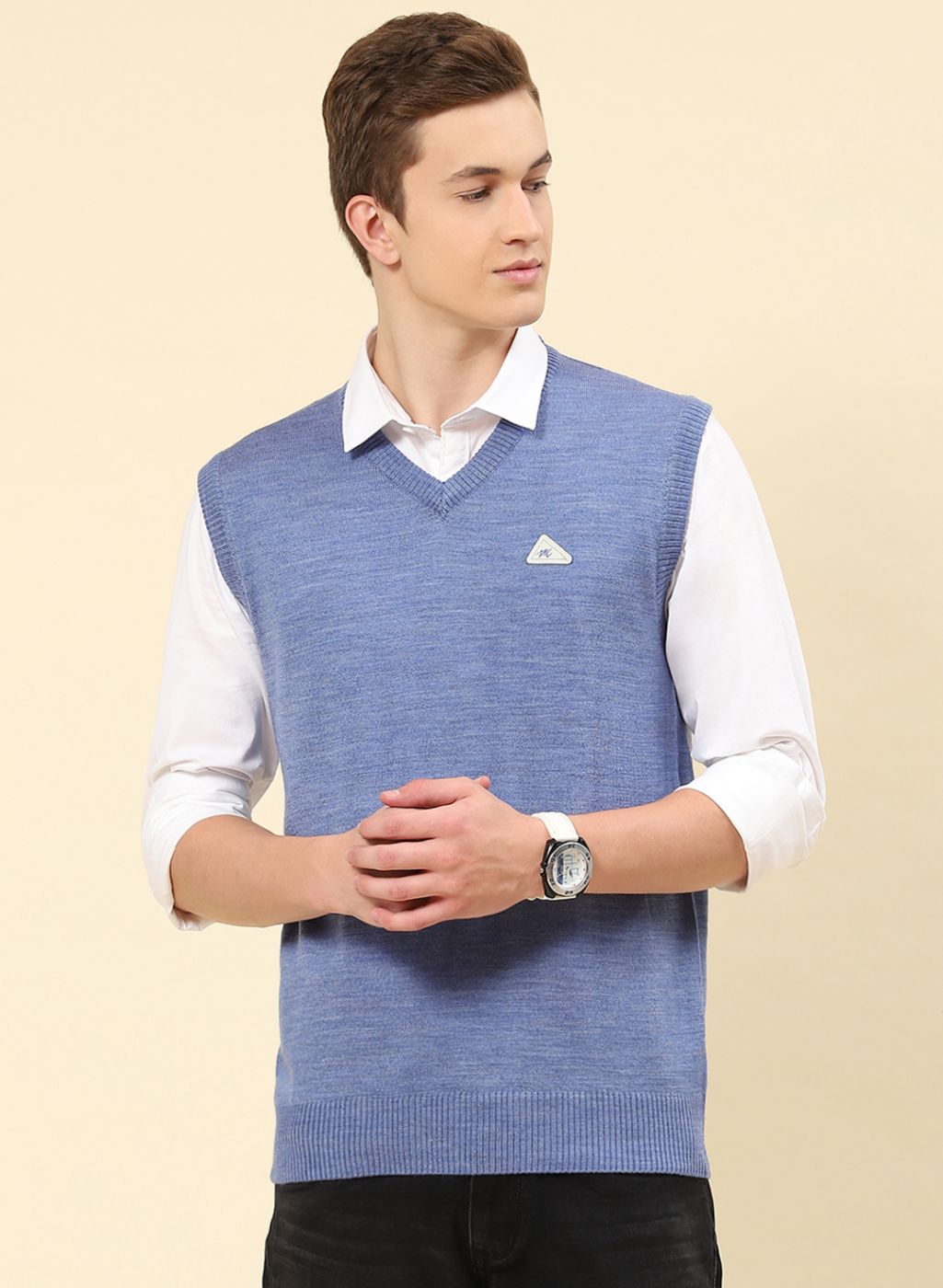 Men Blue Solid Blend wool Sweater