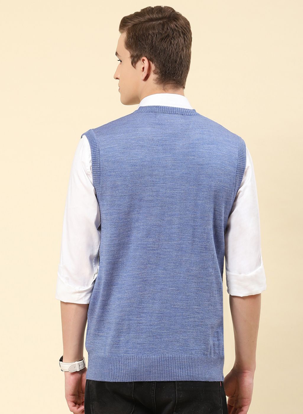 Men Blue Solid Blend wool Sweater