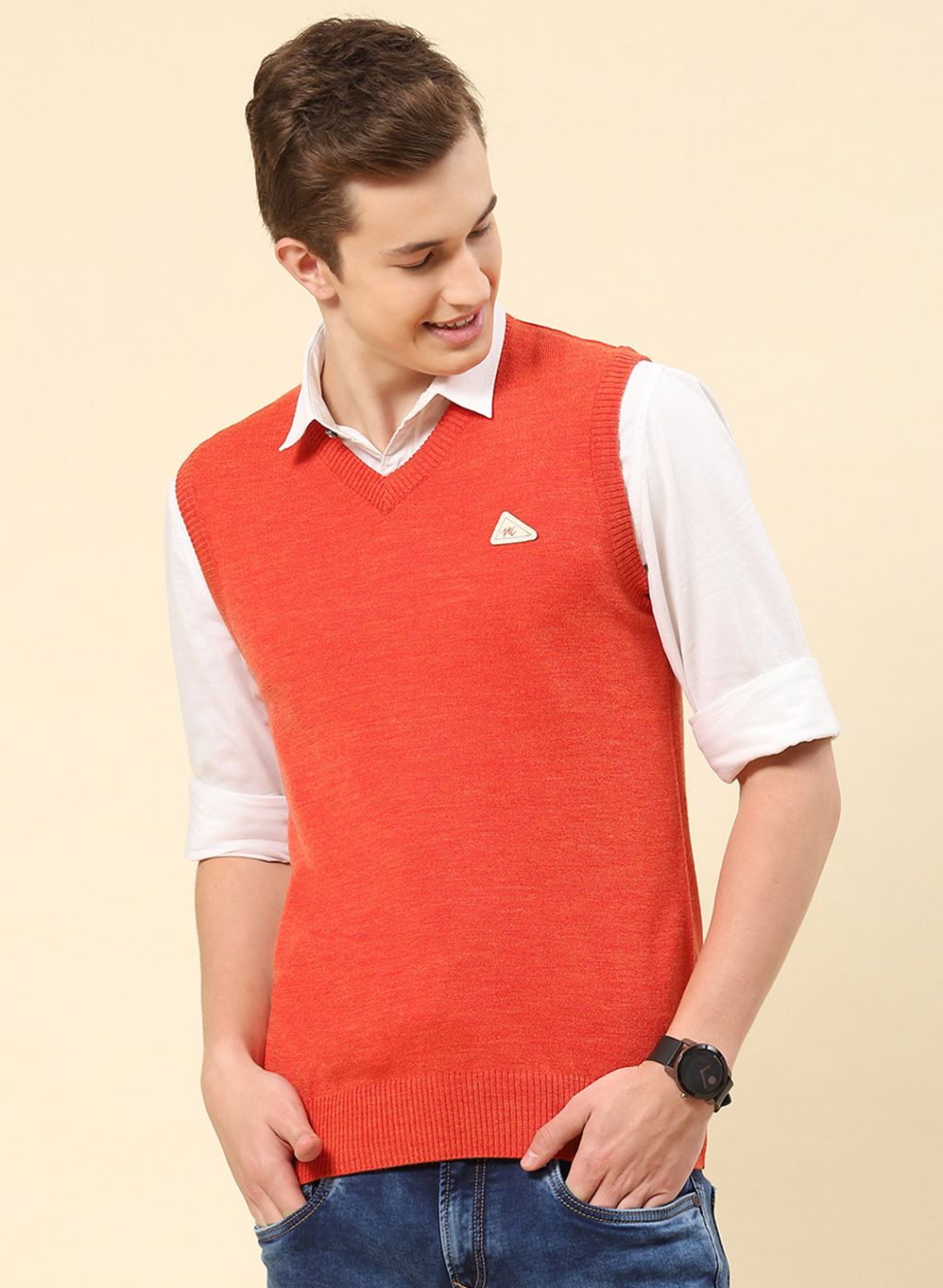 Men Orange Solid Blend wool Sweater