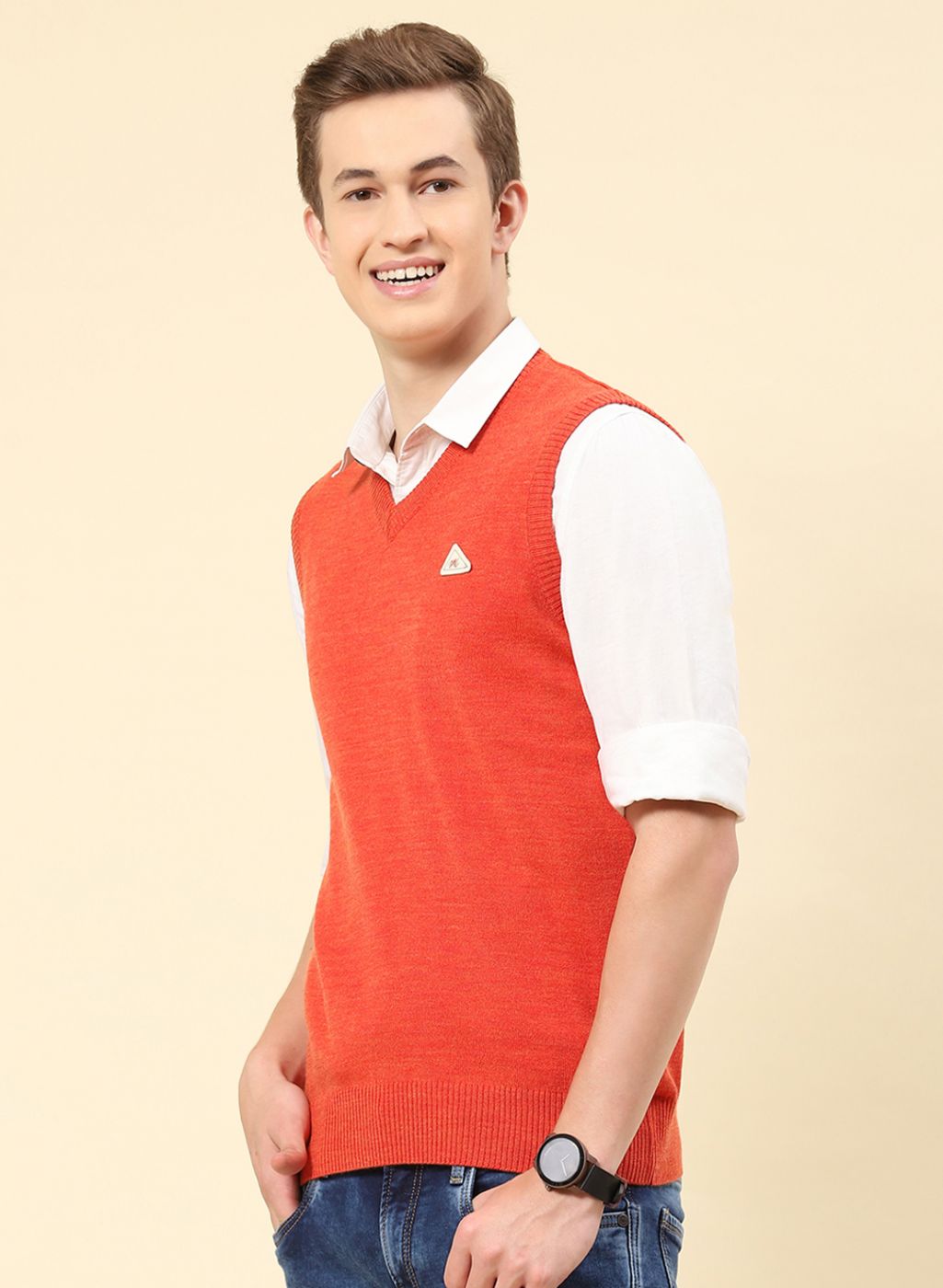 Men Orange Solid Blend wool Sweater