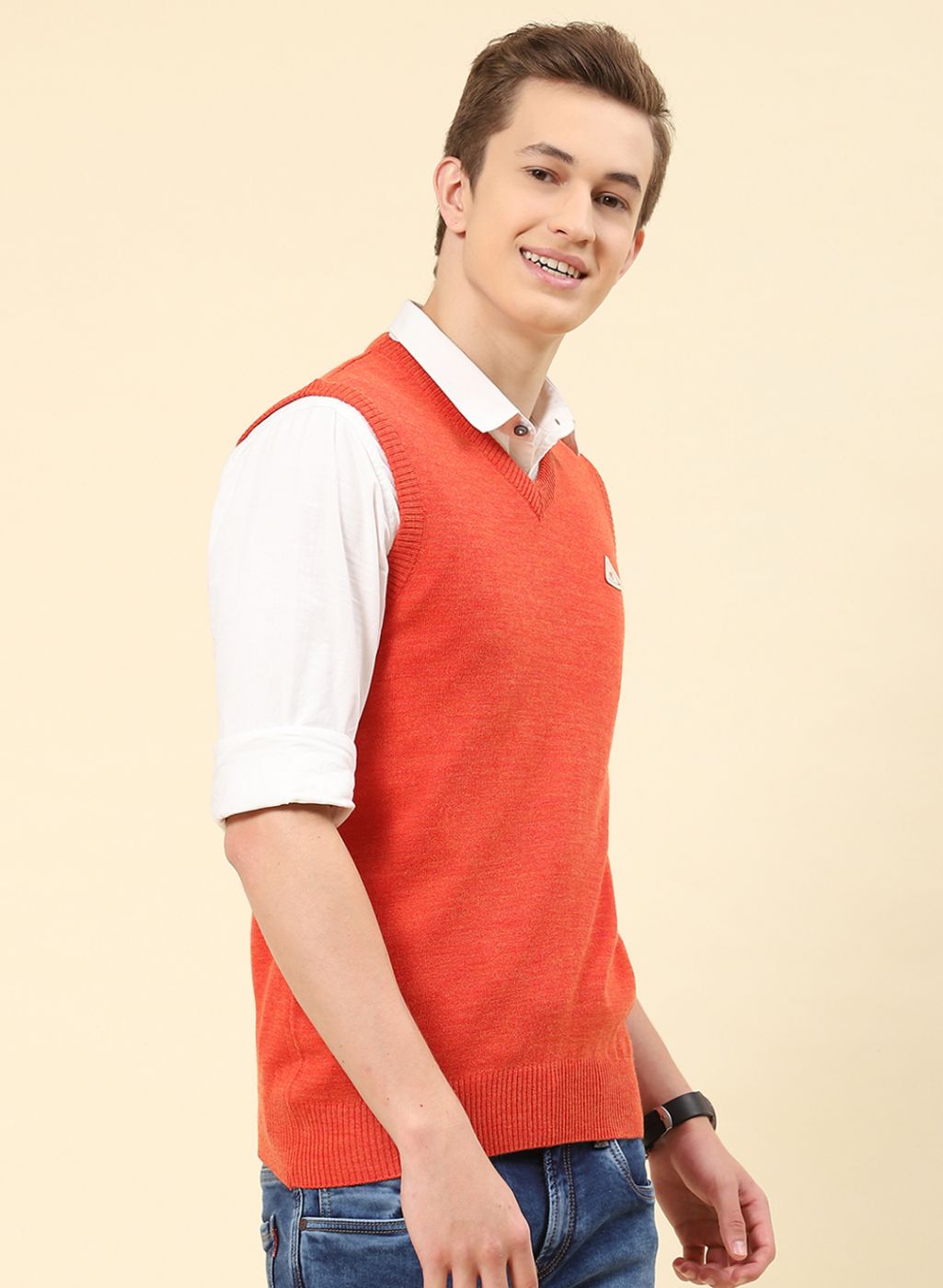 Men Orange Solid Blend wool Sweater