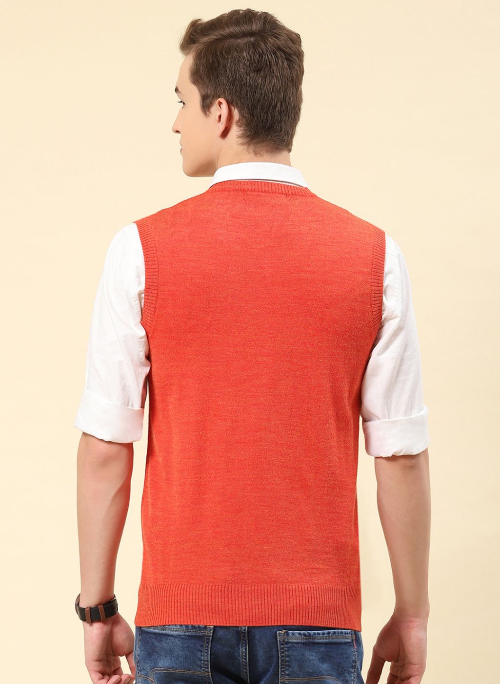 Men Orange Solid Blend wool Sweater