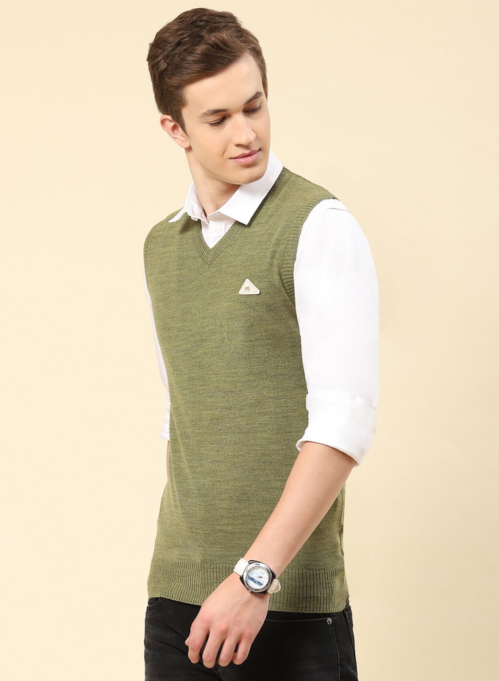 Men Olive Solid Blend wool Sweater