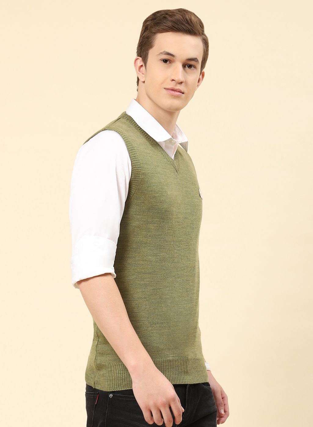 Men Olive Solid Blend wool Sweater