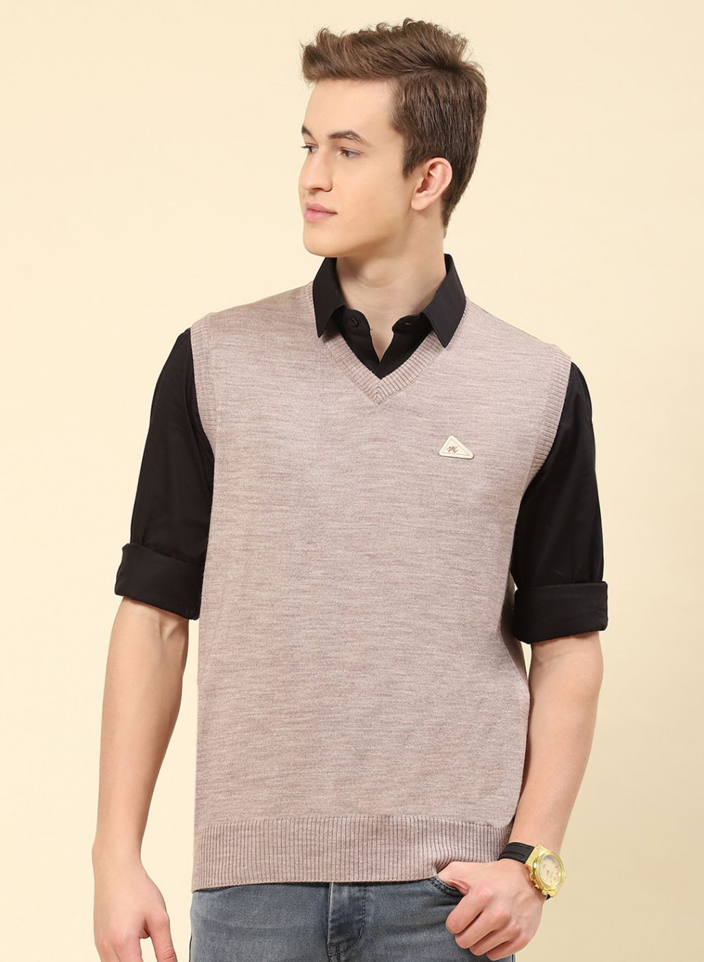 Men Beige Solid Blend wool Sweater