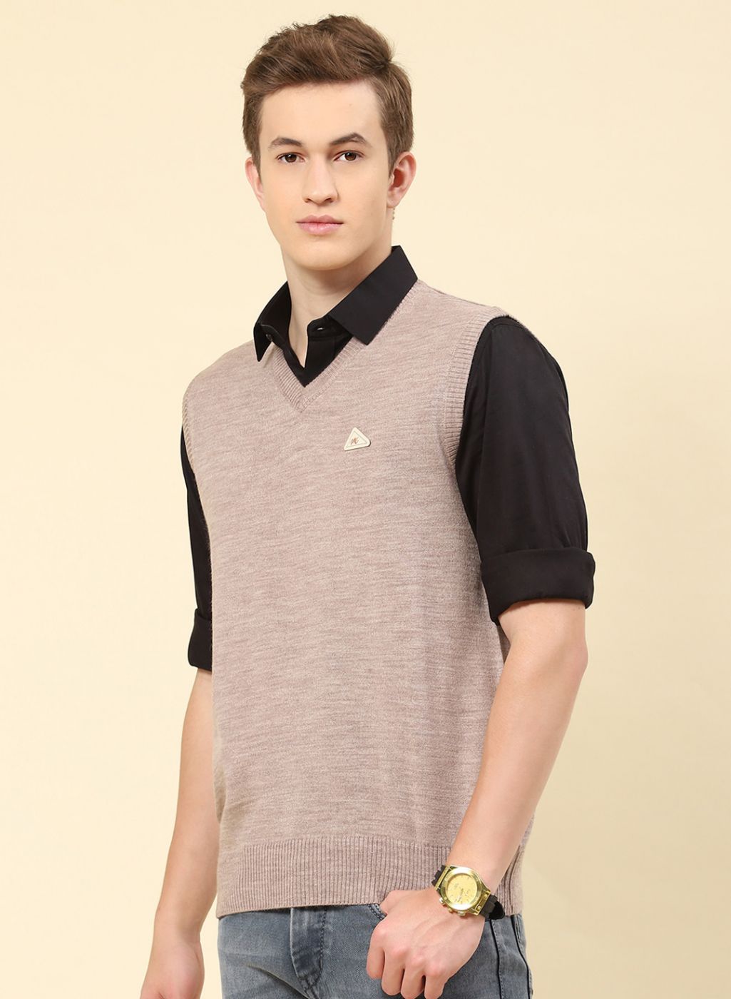 Men Beige Solid Blend wool Sweater