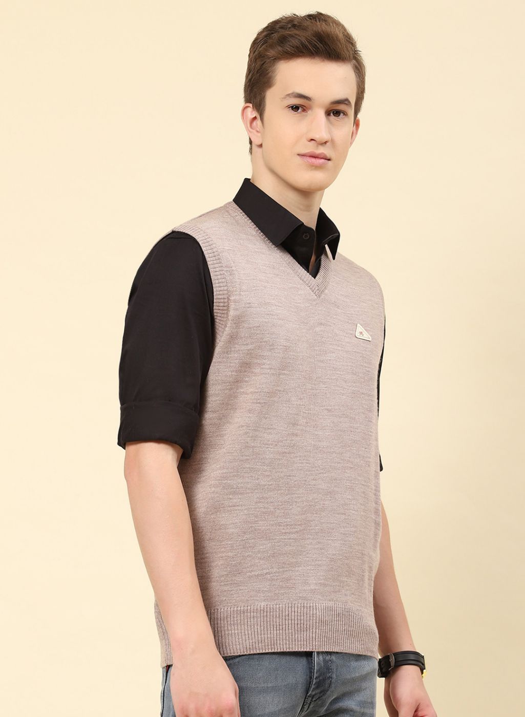 Men Beige Solid Blend wool Sweater