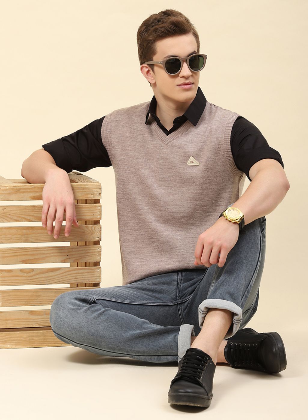 Men Beige Solid Blend wool Sweater